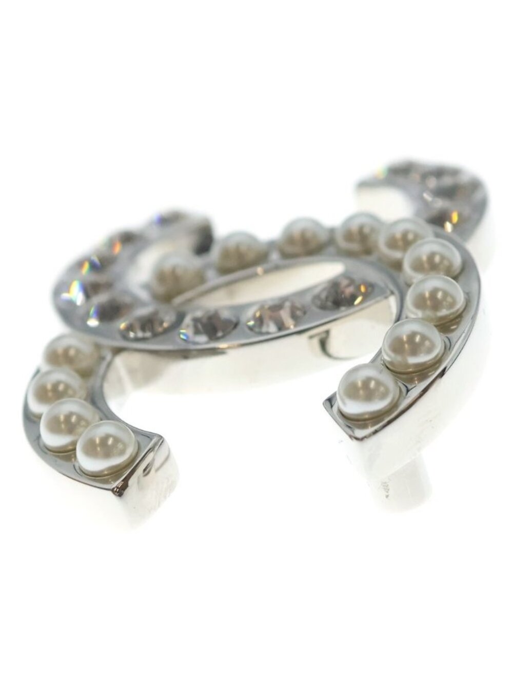 Chanel CC Logo Faux Pearl Line Stone Brooch Pin Badge Silver - Picture 3 of 6